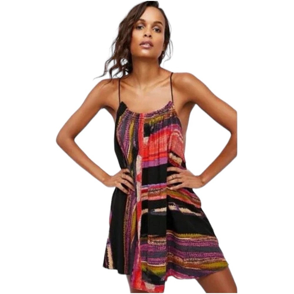 FREE PEOPLE PAINTED STRIPE MINI TRAPEZE LINED DRESS SZ L